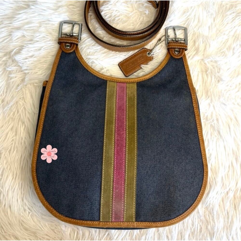 RARE y2k COACH Vintage Denim Suede Striped Crossbody  Shoulder Bag - Picture 3 of 13